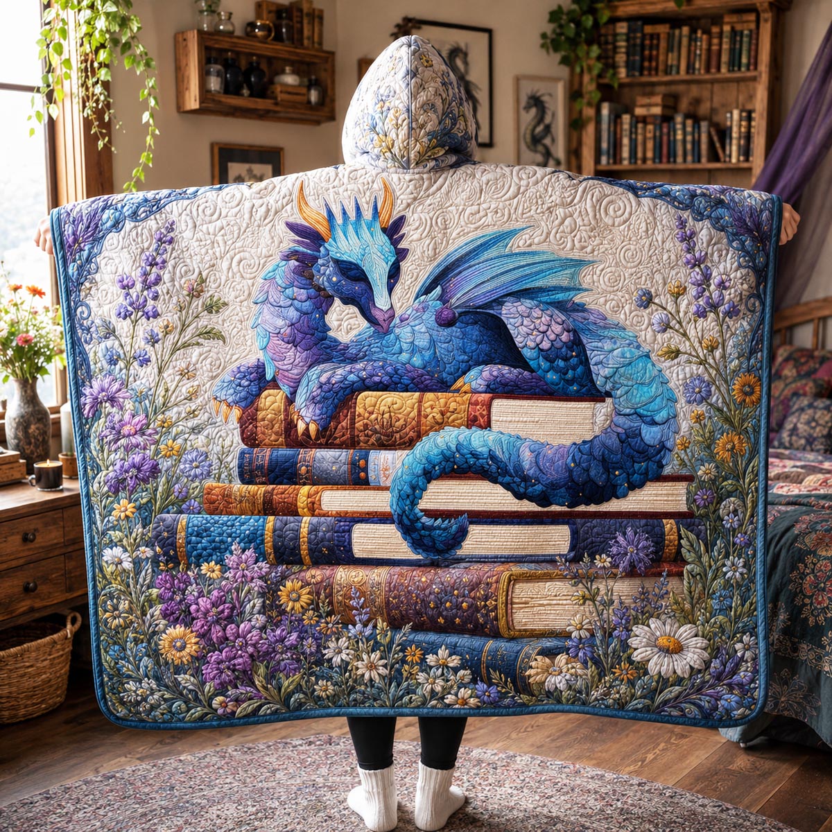 Azure Book Dragon Quilted Hooded Blanket TZL0DV030