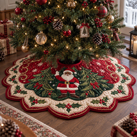 Black Santa Evergreen Charm Custom Shape Christmas Quilted Tree Skirt TZL0DV050