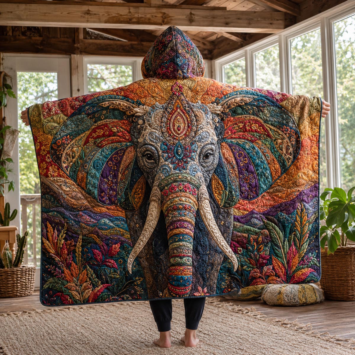 Boho Rainbow Elephant Quilted Hooded Blanket TZL0DV017