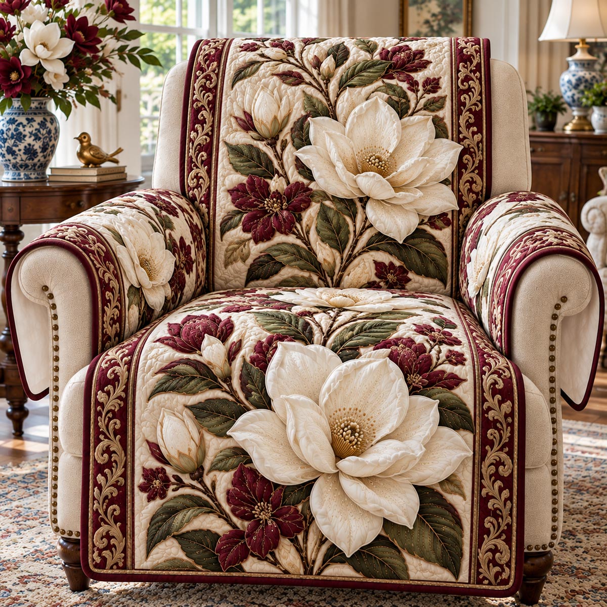 Burgundy Magnolia Elegance Quilted Sofa Cover TZL0DV509