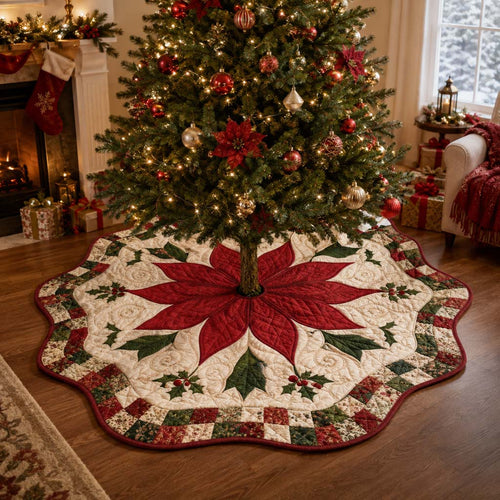 Cabin Poinsettia Custom Shape Christmas Quilted Tree Skirt TZL0HH0023