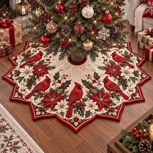 Cardinal Blossom Custom Shape Christmas Quilted Tree Skirt TZL0TD44