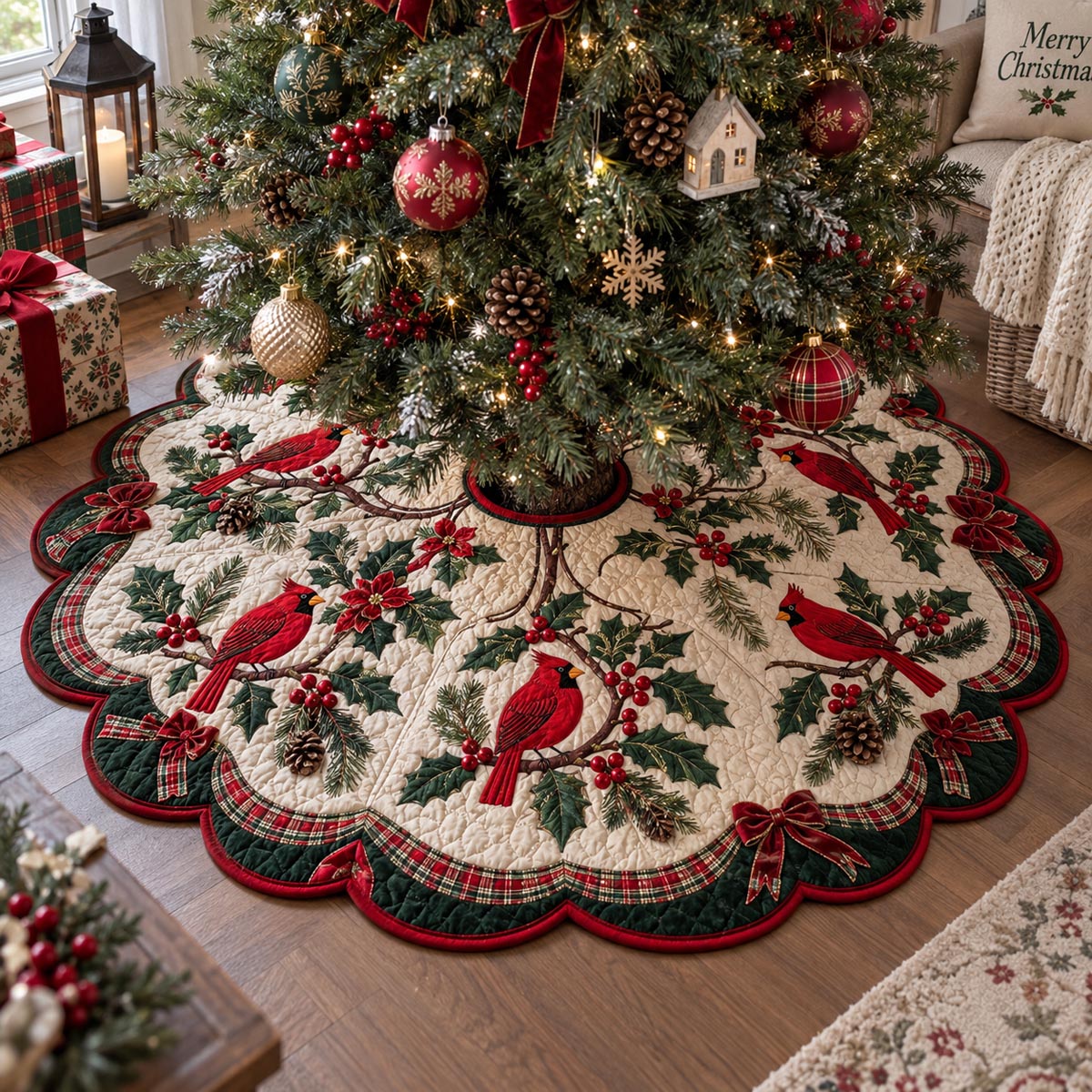 Cardinal Evergreen Garden Custom Shape Christmas Quilted Tree Skirt TZL0DV045
