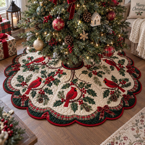 Cardinal Evergreen Garden Custom Shape Christmas Quilted Tree Skirt TZL0DV045