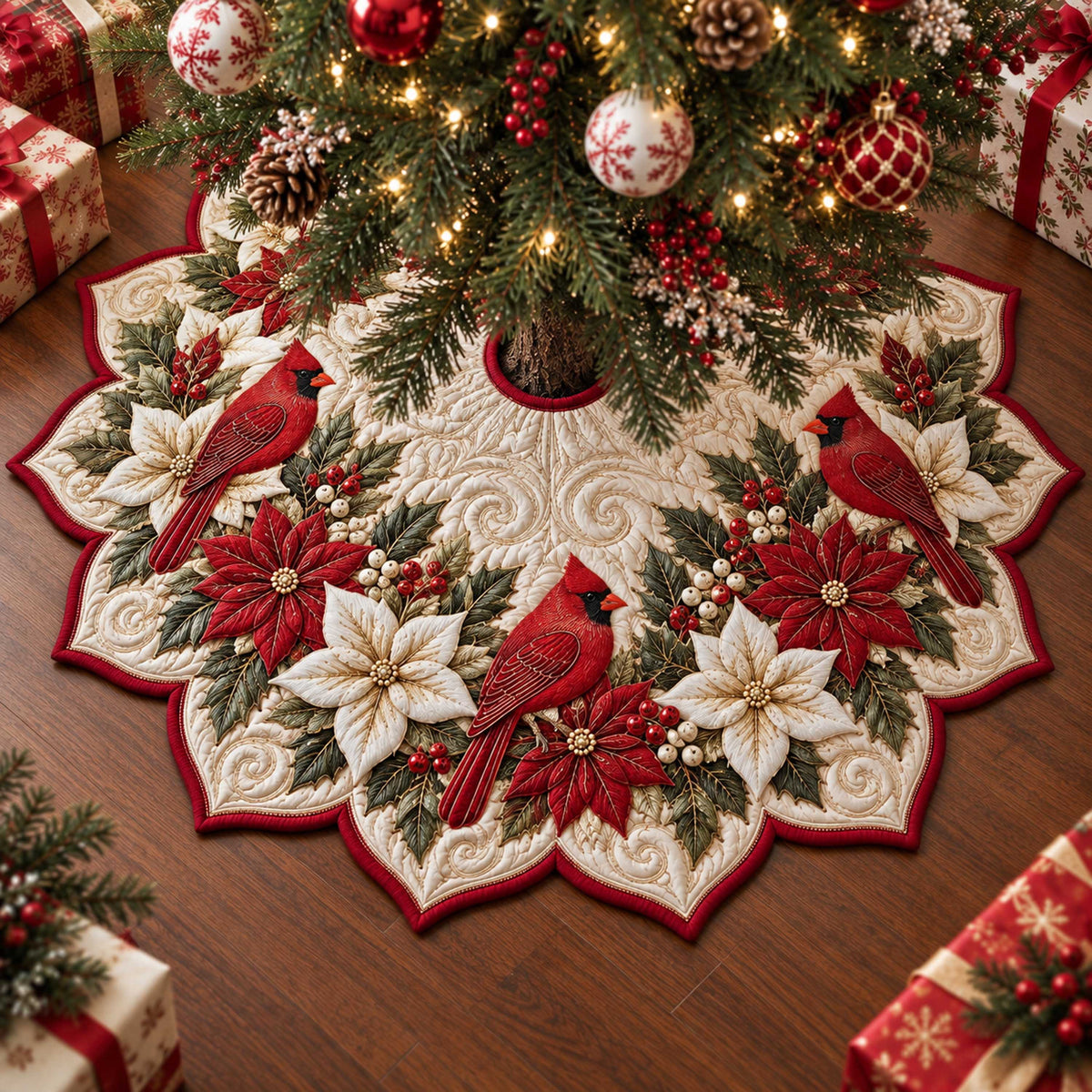 Cardinal Poinsettia Custom Shape Christmas Quilted Tree Skirt TZL0TD40
