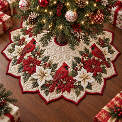 Cardinal Poinsettia Custom Shape Christmas Quilted Tree Skirt TZL0TD40
