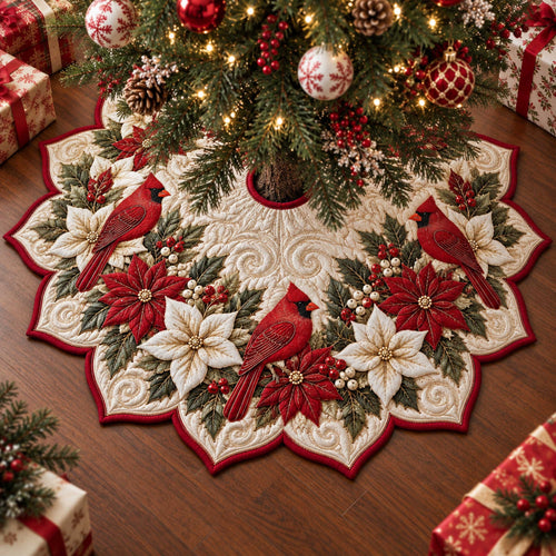 Cardinal Poinsettia Custom Shape Christmas Quilted Tree Skirt TZL0TD40