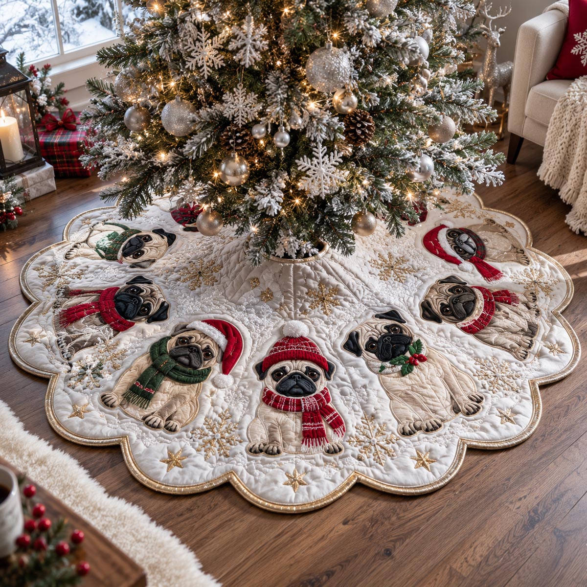 Christmas Pug Circle Custom Shape Christmas Quilted Tree Skirt TZL0DV183