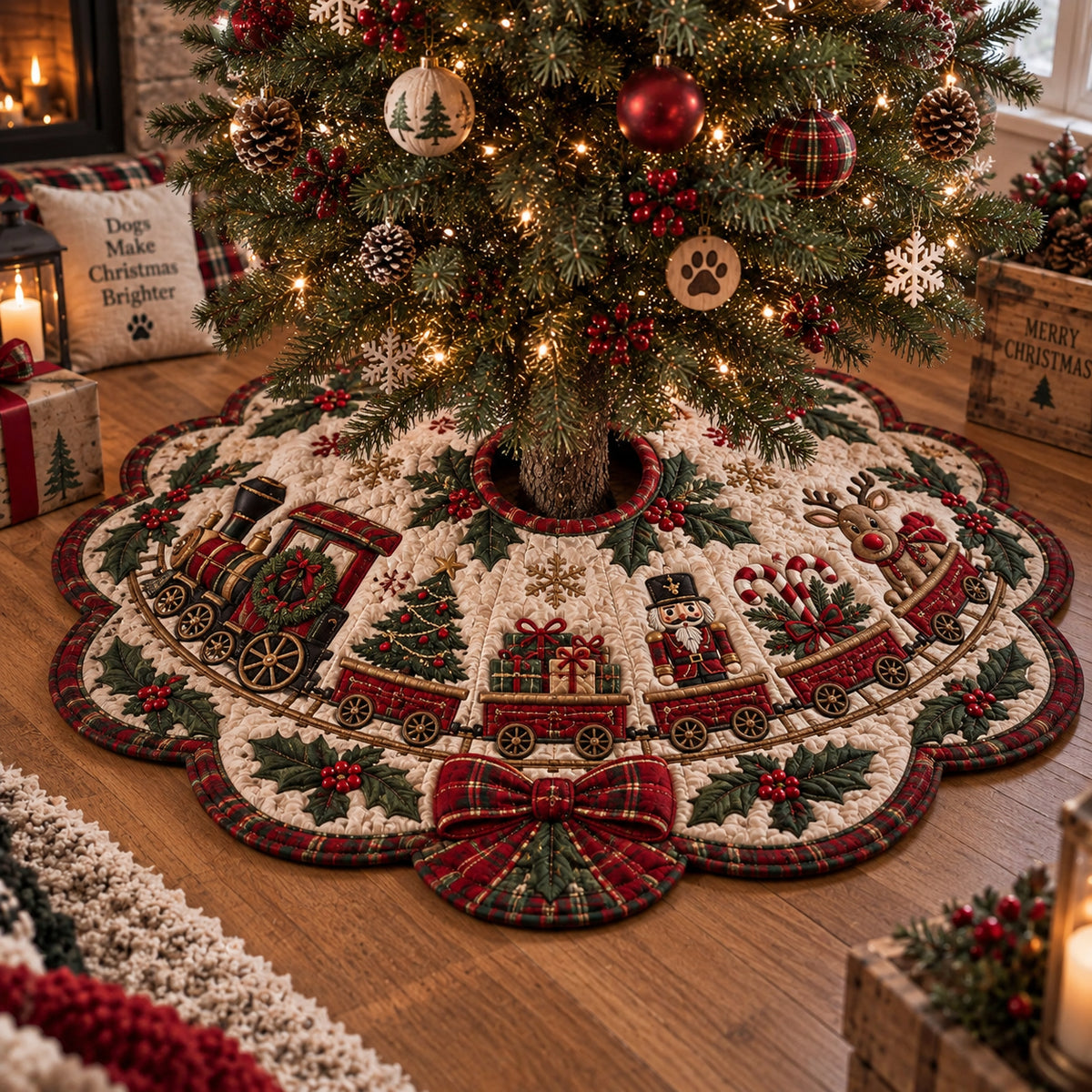 Christmas Train Circle Custom Shape Christmas Quilted Tree Skirt TZL0DV168