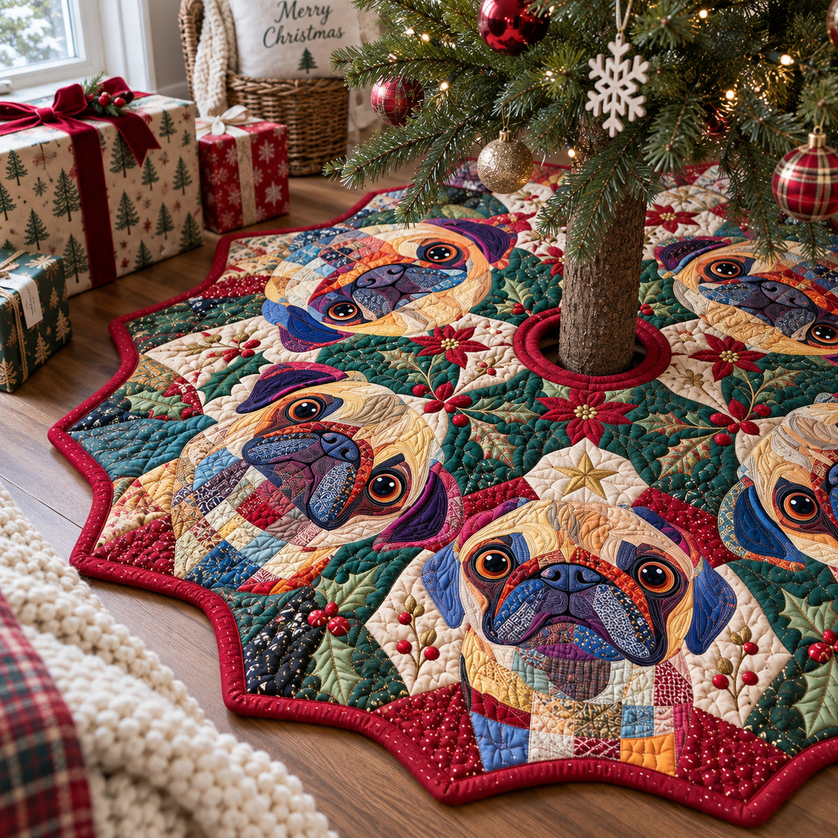 Colorful Pug Star Custom Shape Christmas Quilted Tree Skirt TZL0DV189