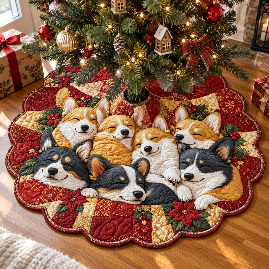 Corgi Christmas Cuddle Custom Shape Christmas Quilted Tree Skirt TZL0PT0393