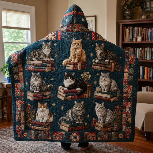 Cozy Bookshop Cats Quilted Hooded Blanket TZL0PT0147