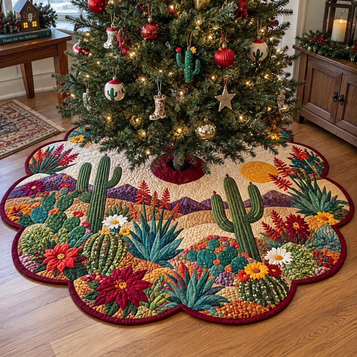 Crimson Cactus Garden Custom Shape Christmas Quilted Tree Skirt TZL0DV098