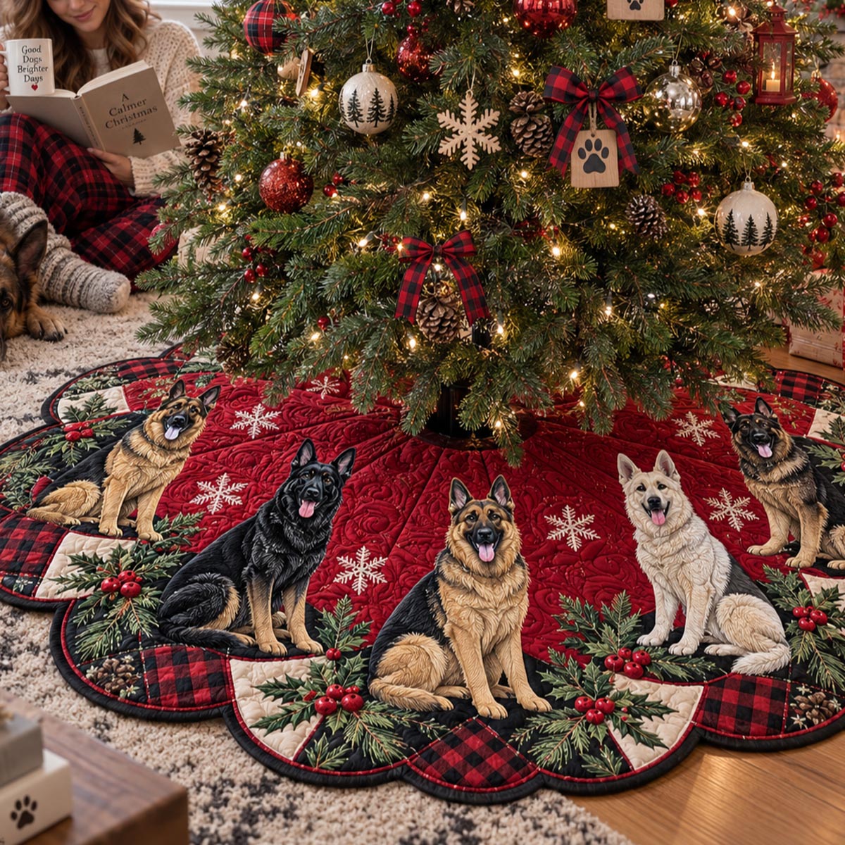 Crimson German Shepherd Custom Shape Christmas Quilted Tree Skirt TZL0DV152