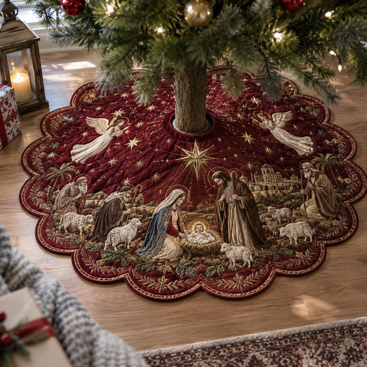 Crimson Nativity Blessing Custom Shape Christmas Quilted Tree Skirt TZL0DV070