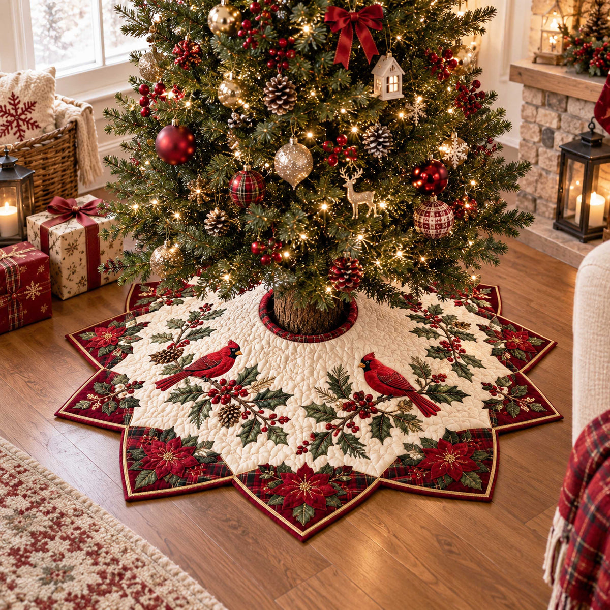 Crimson Poinsettia Custom Shape Christmas Quilted Tree Skirt TZL0TD43