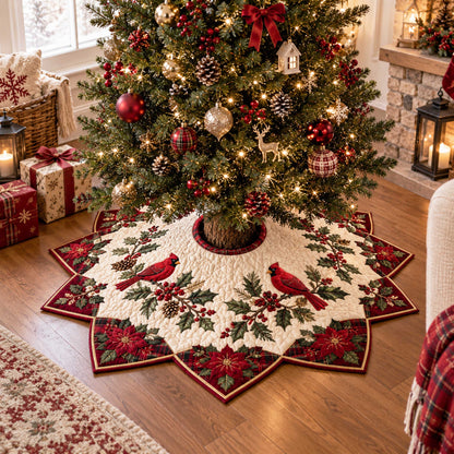 Crimson Poinsettia Custom Shape Christmas Quilted Tree Skirt TZL0TD43