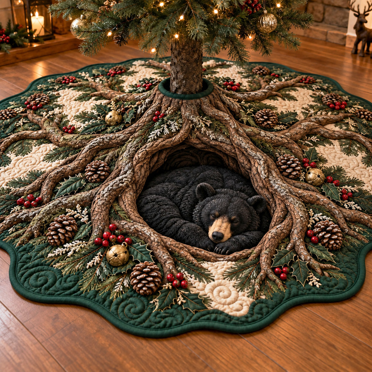 Enchanted Bear Grove Custom Shape Christmas Quilted Tree Skirt TZL0TV108