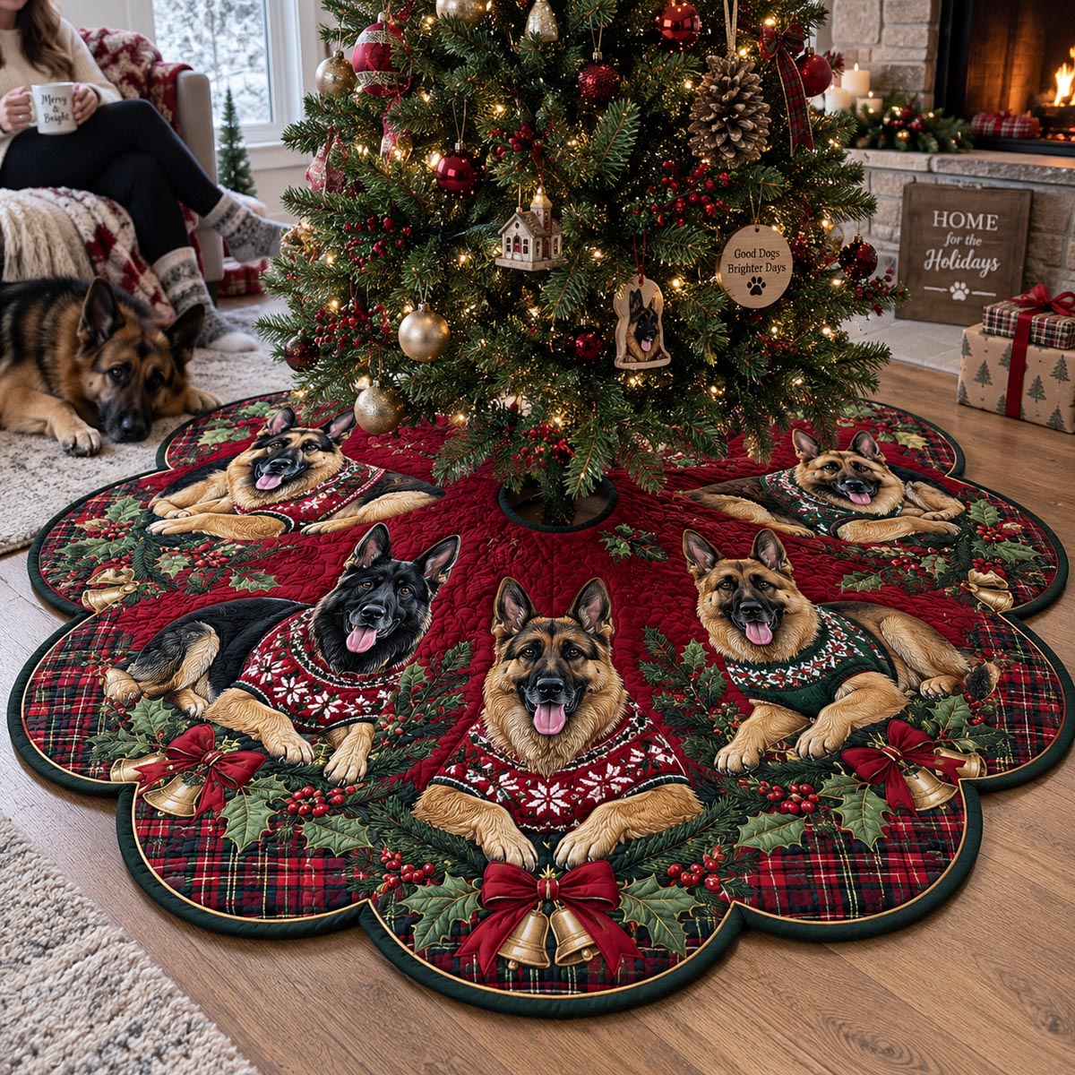 Evergreen German Shepherd Custom Shape Christmas Quilted Tree Skirt TZL0DV141
