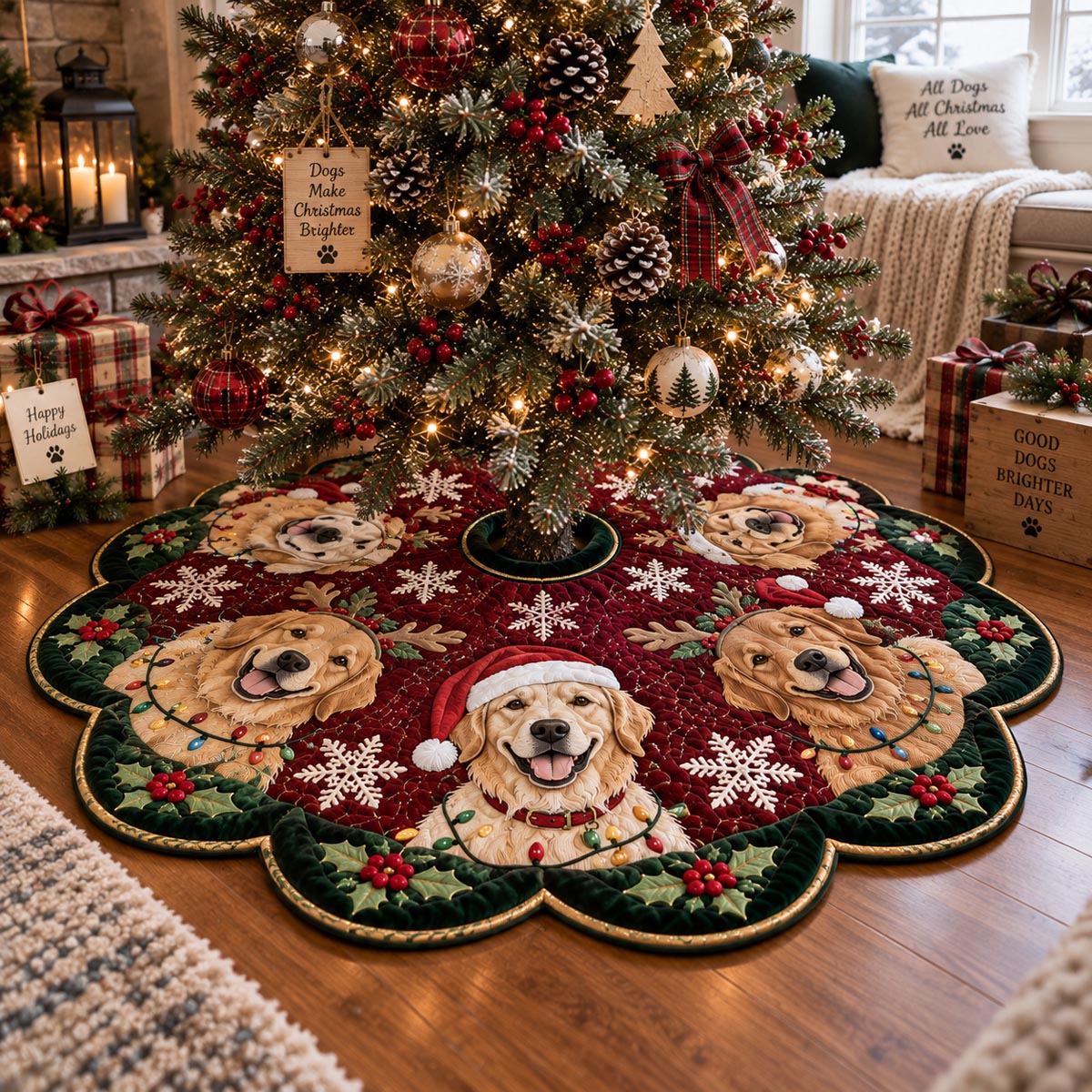 Evergreen Golden Christmas Custom Shape Christmas Quilted Tree Skirt TZL0DV159