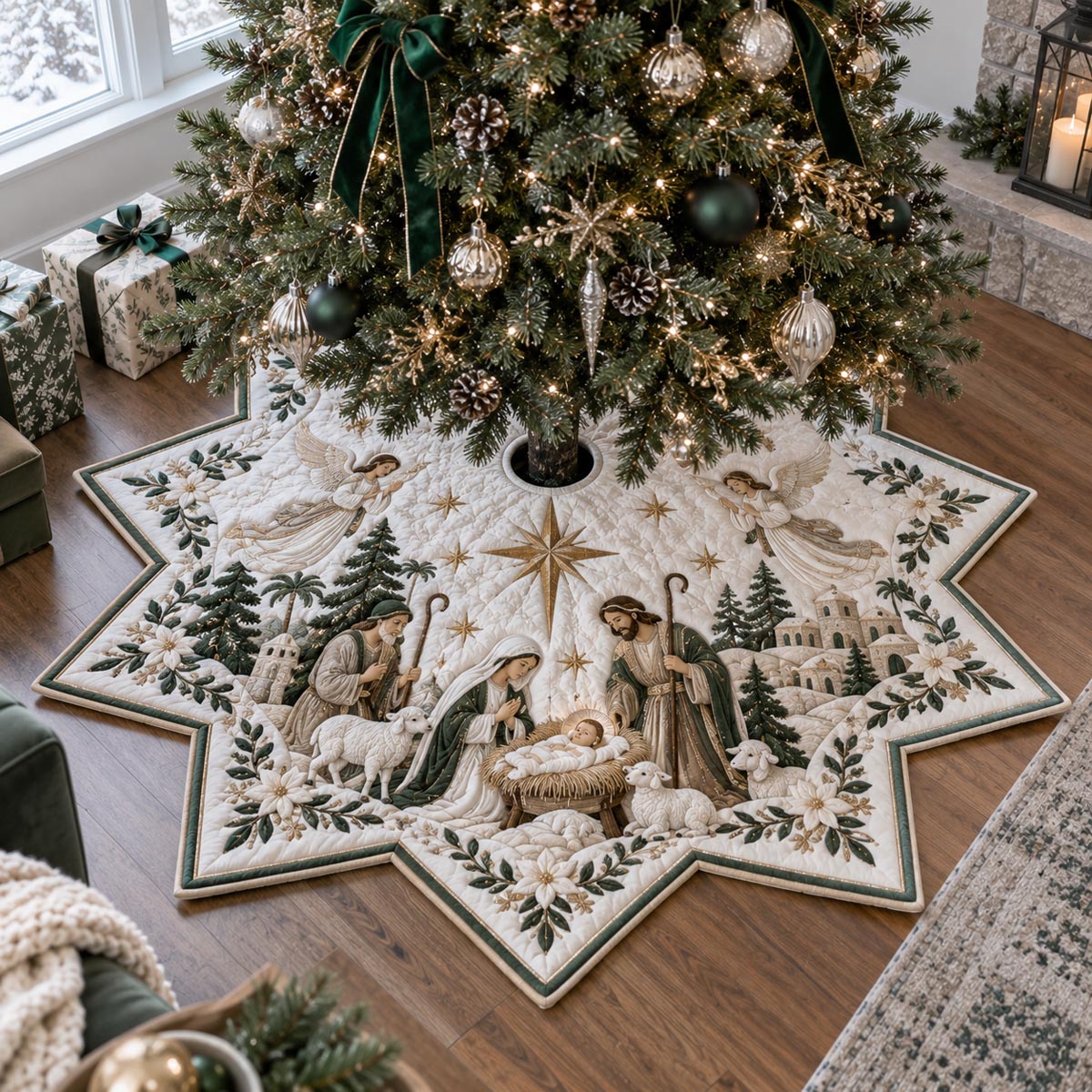 Evergreen Holy Family Star Custom Shape Christmas Quilted Tree Skirt TZL0DV062
