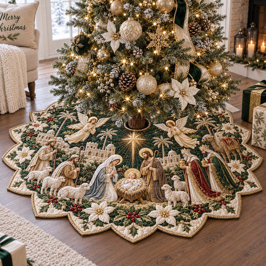 Evergreen Nativity Blessing Custom Shape Christmas Quilted Tree Skirt TZL0DV065