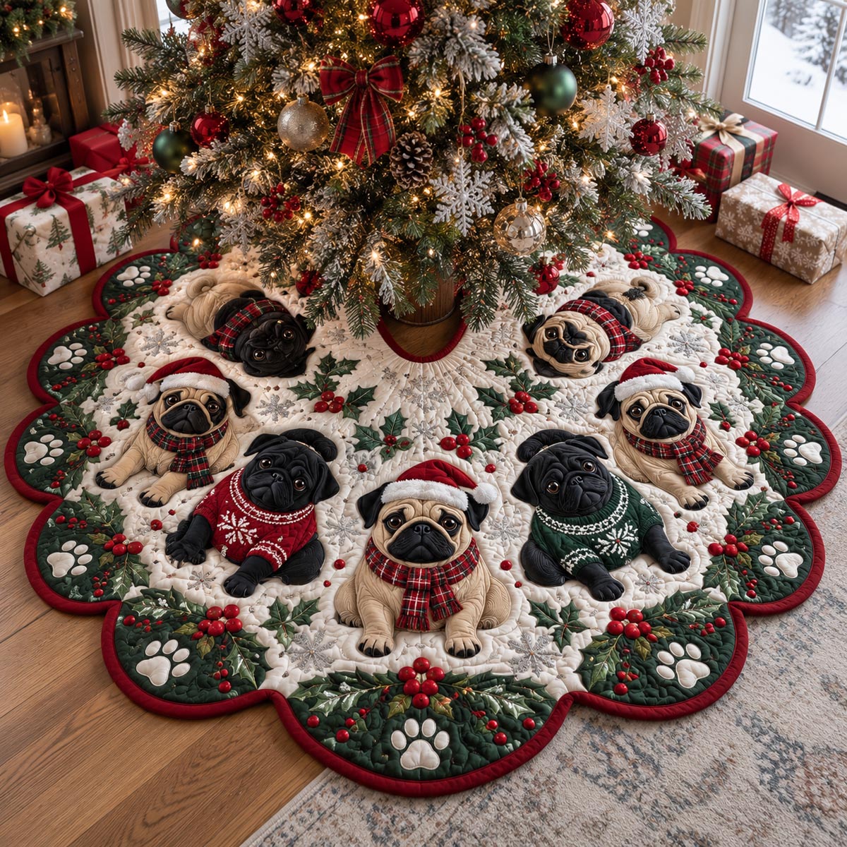 Evergreen Pug Gathering Custom Shape Christmas Quilted Tree Skirt TZL0DV184