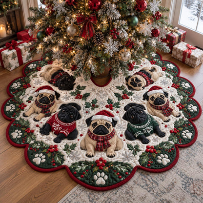 Evergreen Pug Gathering Custom Shape Christmas Quilted Tree Skirt TZL0DV184