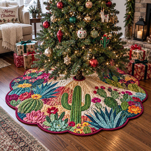 Festive Cactus Garden Custom Shape Christmas Quilted Tree Skirt TZL0DV093