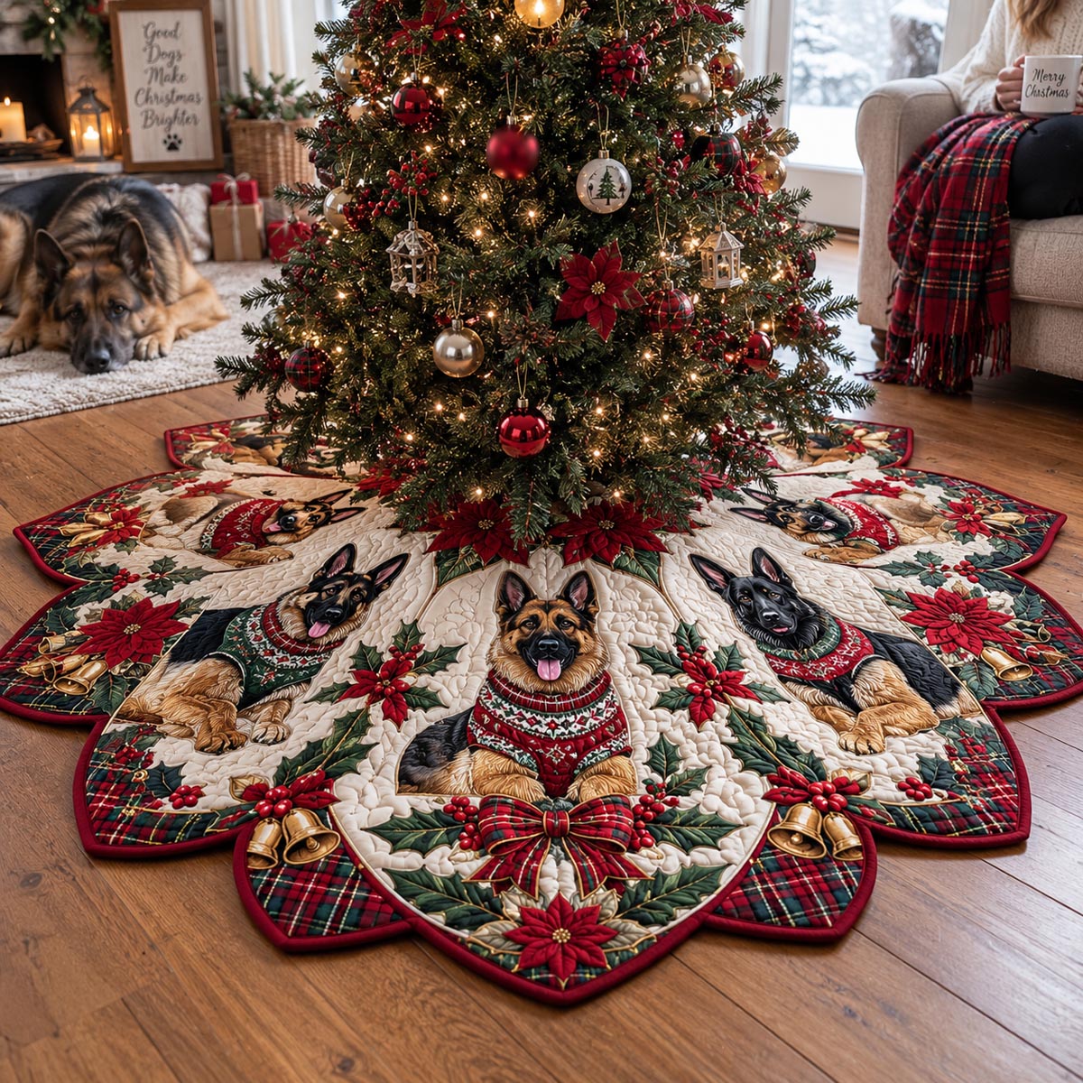 Festive German Shepherd Custom Shape Christmas Quilted Tree Skirt TZL0DV144