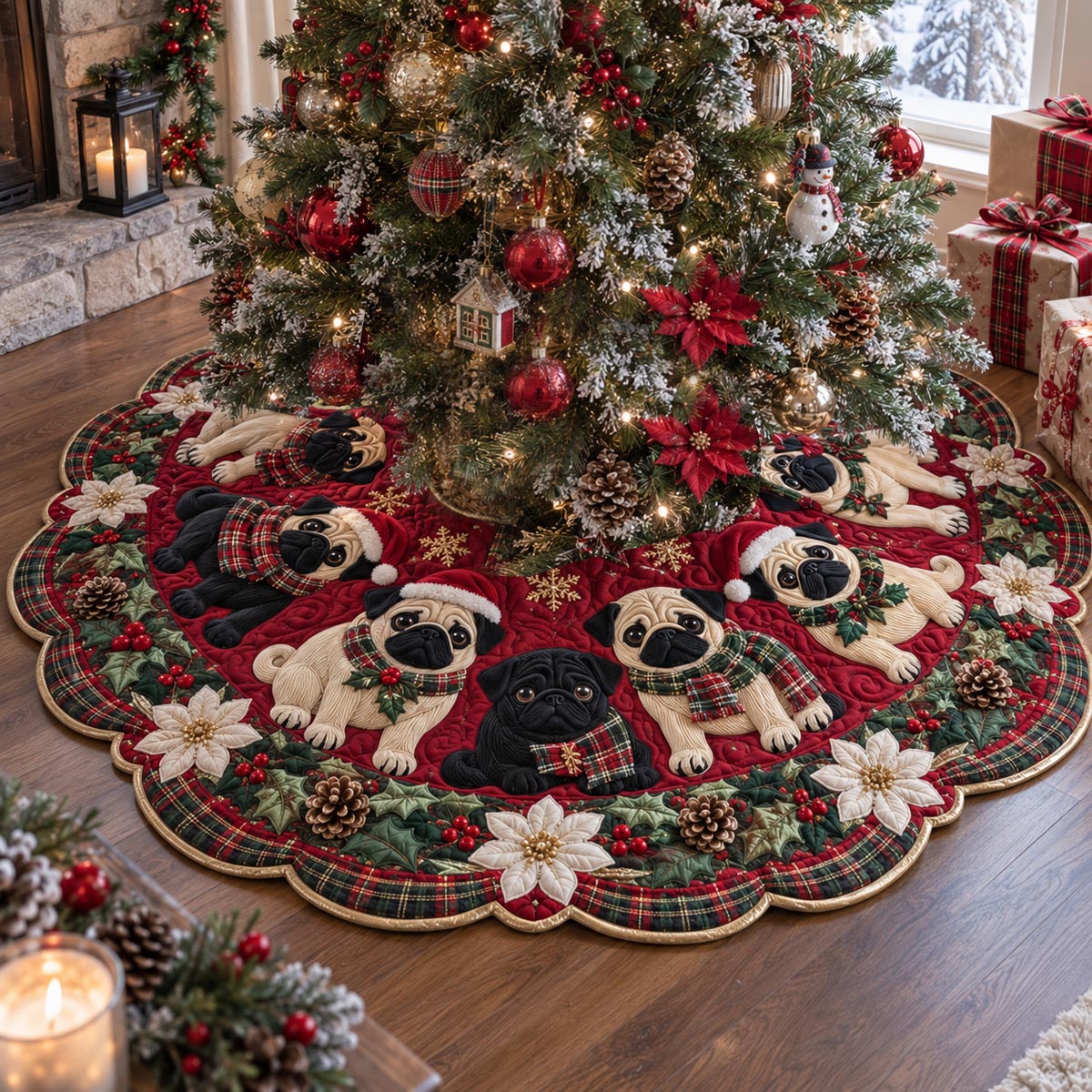 Festive Pug Parade Custom Shape Christmas Quilted Tree Skirt TZL0DV186