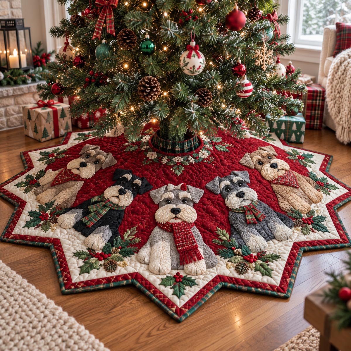 Festive Puppy Star Custom Shape Christmas Quilted Tree Skirt TZL0DV122