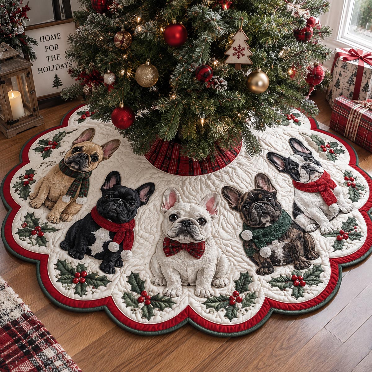 French Bulldog Poinsettia Circle Custom Shape Christmas Quilted Tree Skirt TZL0DV129