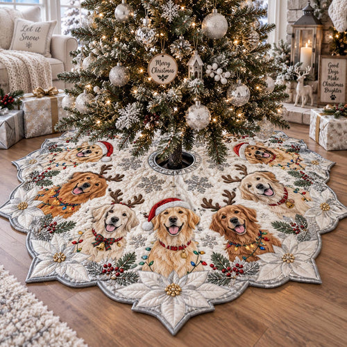 Frosted Golden Star Custom Shape Christmas Quilted Tree Skirt TZL0DV164