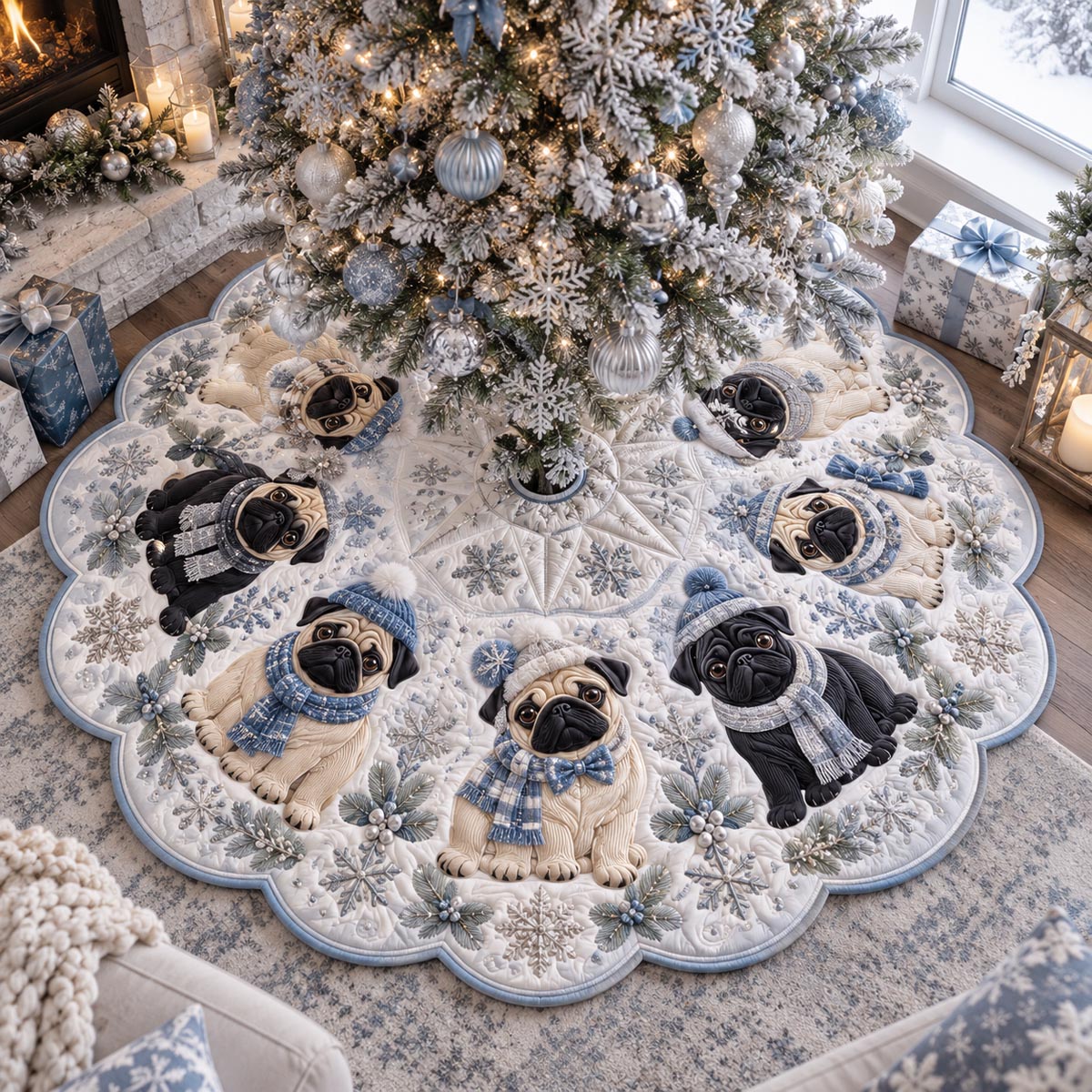 Frosty Pug Christmas Custom Shape Christmas Quilted Tree Skirt TZL0DV187