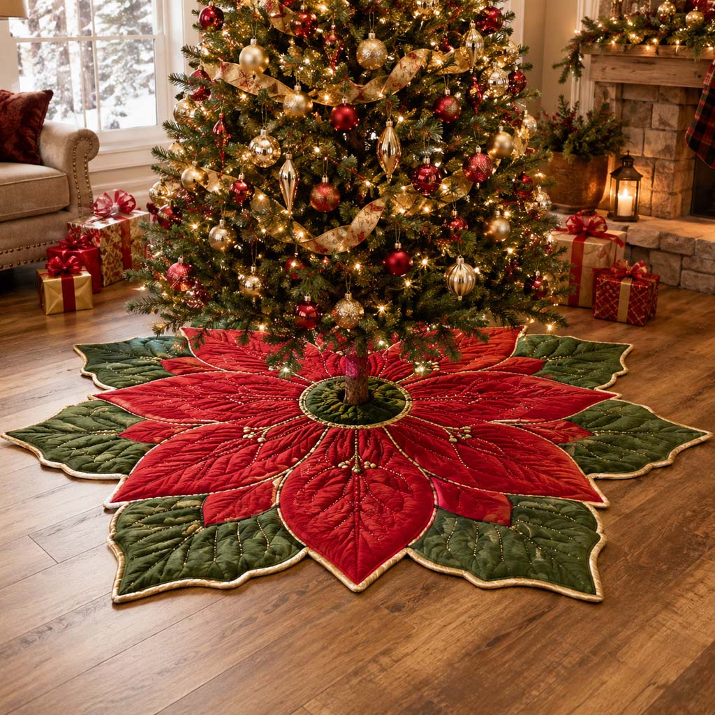 Gilded Poinsettia Custom Shape Christmas Quilted Tree Skirt TZL0HH0024
