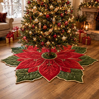 Gilded Poinsettia Custom Shape Christmas Quilted Tree Skirt TZL0HH0024