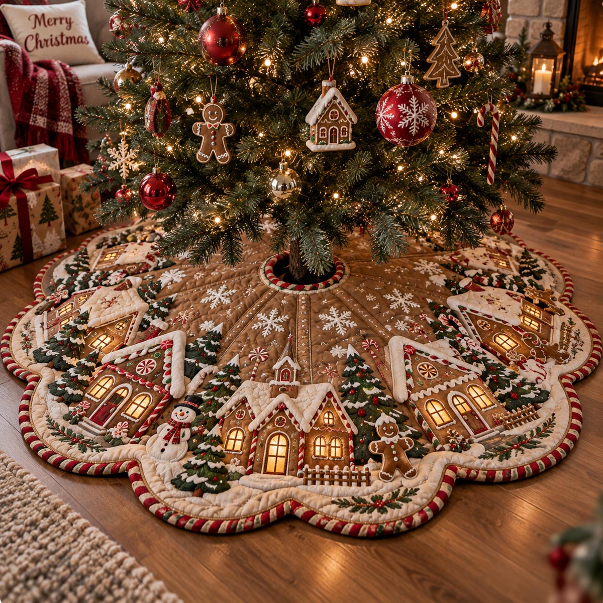 Gingerbread Christmas Town Custom Shape Christmas Quilted Tree Skirt TZL0DV182
