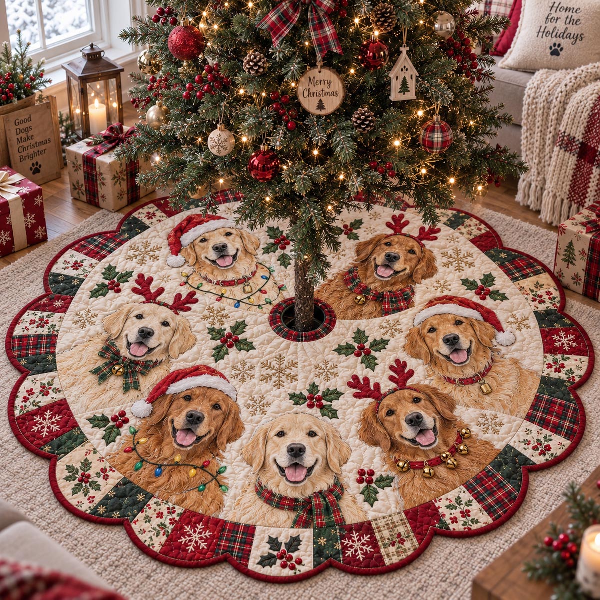 Golden Christmas Circle Custom Shape Christmas Quilted Tree Skirt TZL0DV155