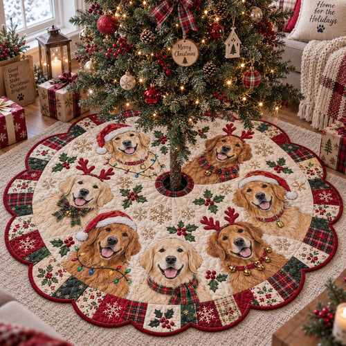 Golden Christmas Circle Custom Shape Christmas Quilted Tree Skirt TZL0DV155