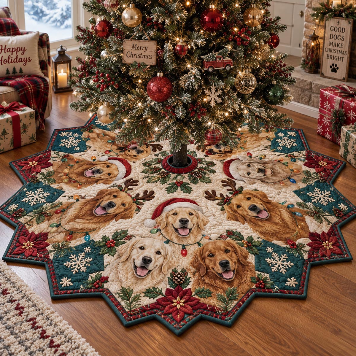 Golden Holiday Star Custom Shape Christmas Quilted Tree Skirt TZL0DV160