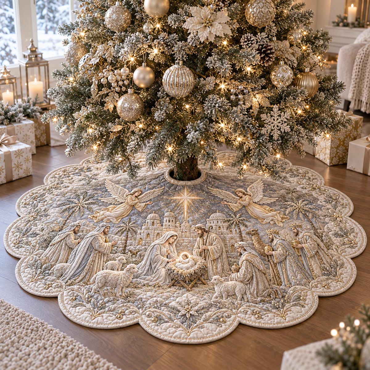 Golden Holy Night Custom Shape Christmas Quilted Tree Skirt TZL0DV066