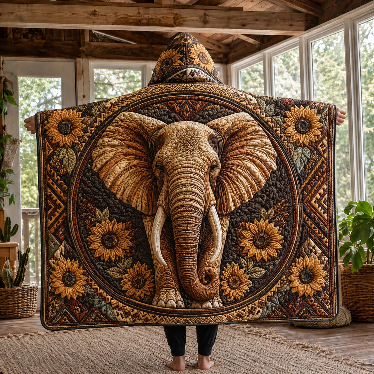 Golden Mandala Elephant Quilted Hooded Blanket TZL0DV019