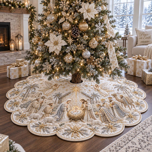 Golden Nativity Glow Custom Shape Christmas Quilted Tree Skirt TZL0DV061