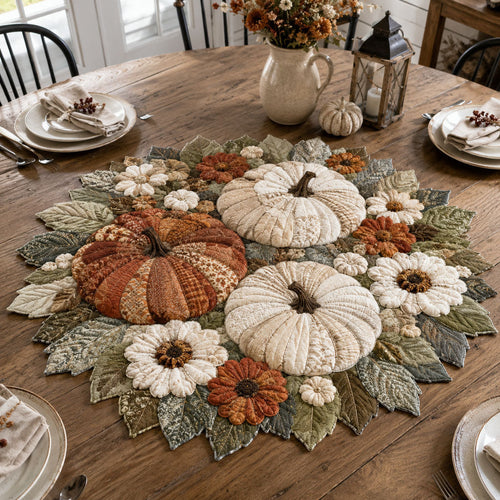 Golden Pumpkin Gathering Custom Shape Quilted Table Topper SN0PT380