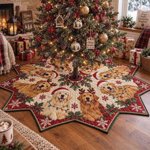 Golden Retriever Star Custom Shape Christmas Quilted Tree Skirt TZL0DV156