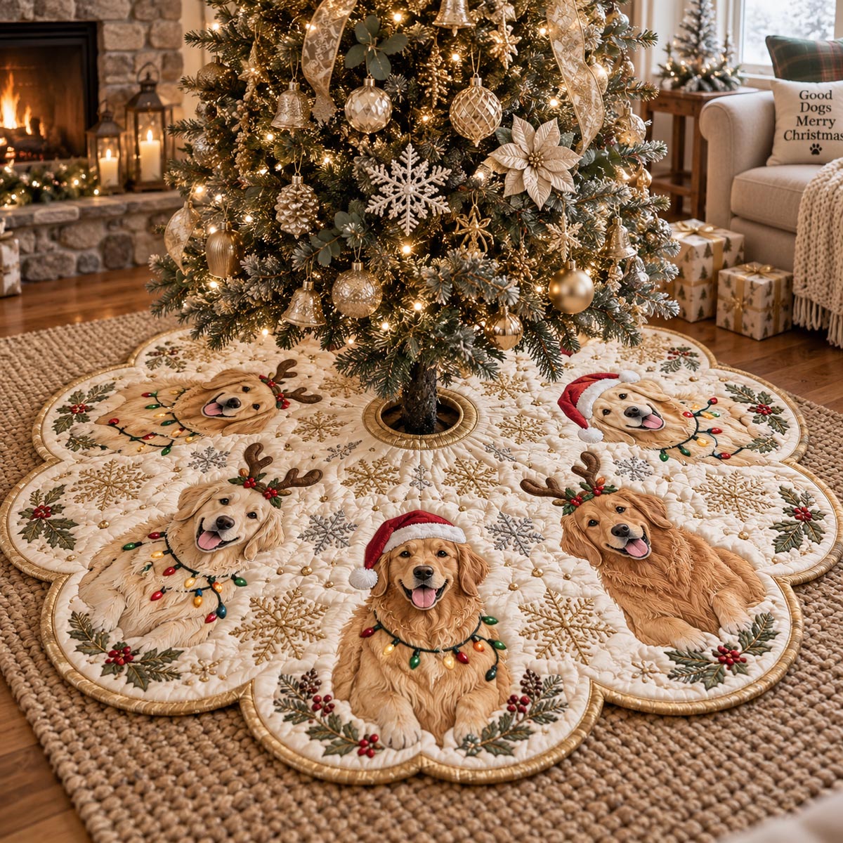Golden Retriever Wreath Custom Shape Christmas Quilted Tree Skirt TZL0DV163