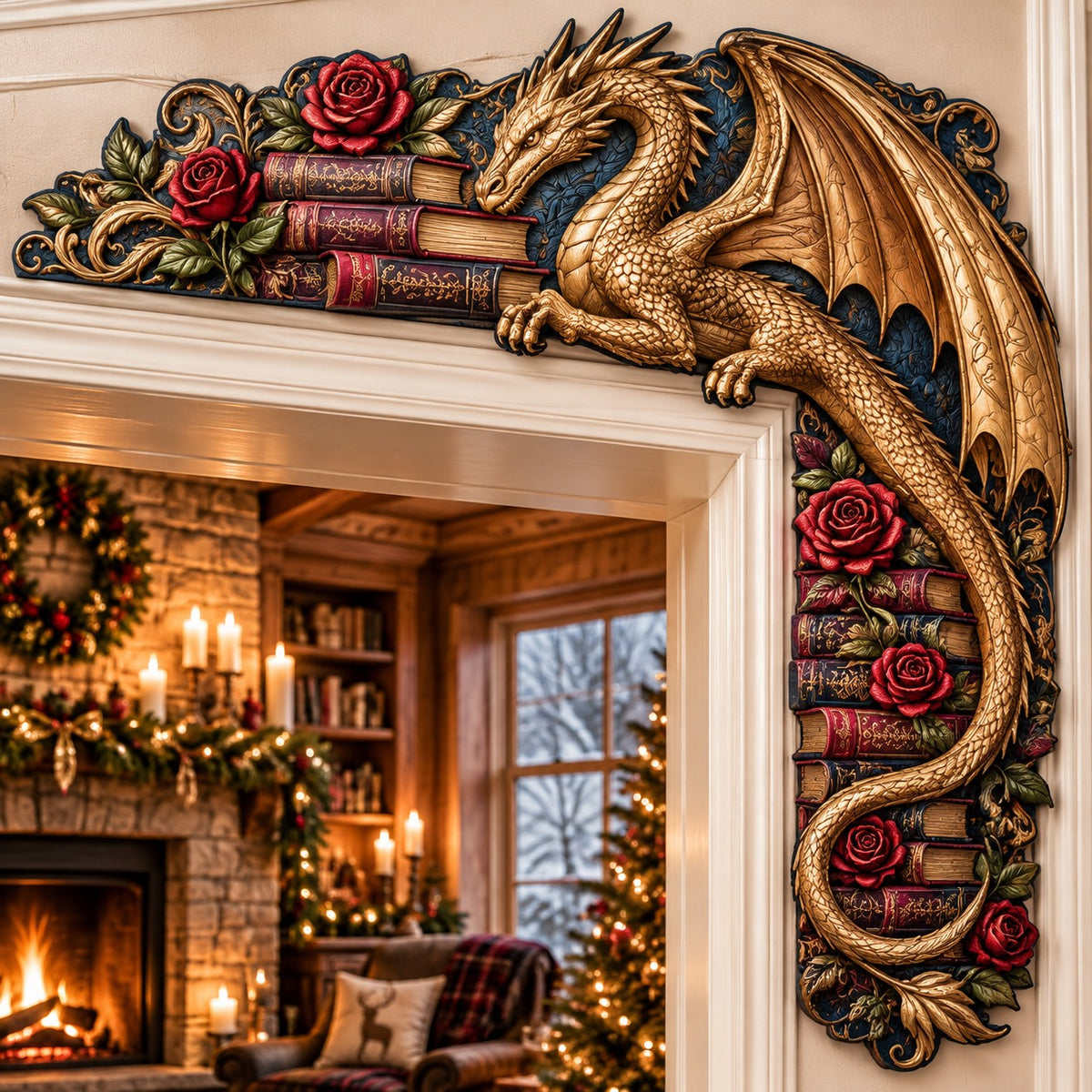 Golden Rose Dragon Christmas Door Corner Sign TZL0PT0753