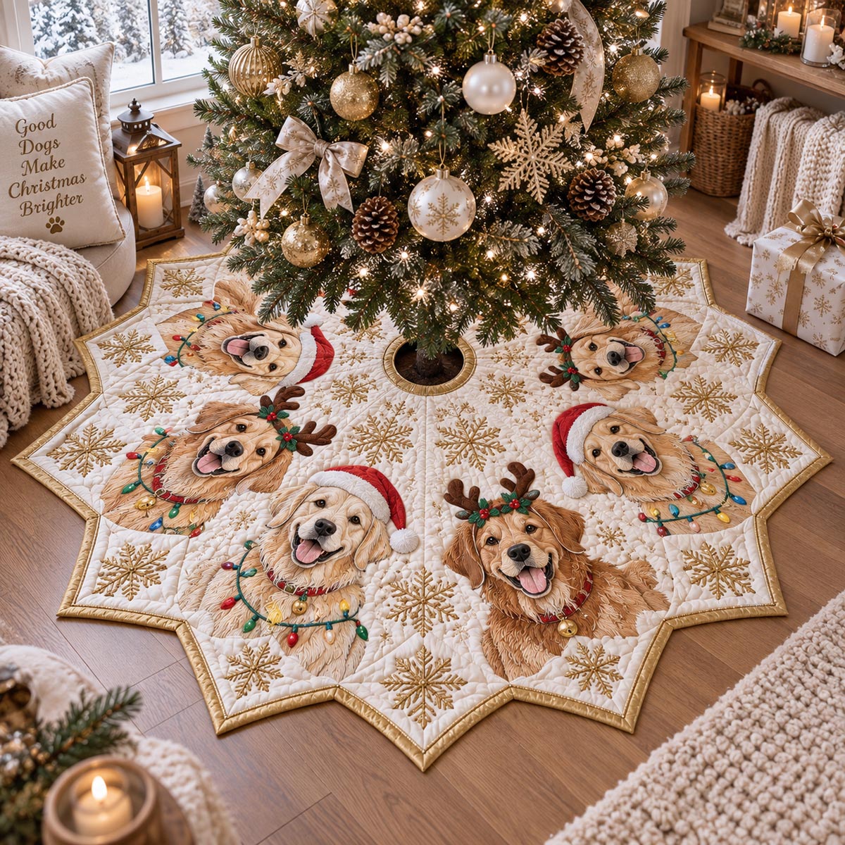 Golden Snowflake Star Custom Shape Christmas Quilted Tree Skirt TZL0DV165
