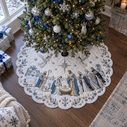 Heavenly Blue Nativity Custom Shape Christmas Quilted Tree Skirt TZL0DV058